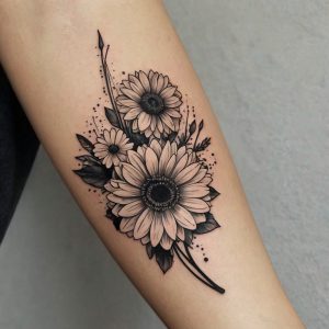 black and white flower thigh tattoo