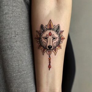 wolf with trees tattoo design