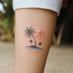 palm and beach tattoo leg