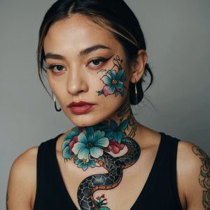 feminine snake and flower tattoo