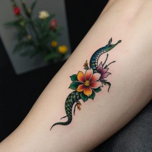 outline snake and flower tattoo designs