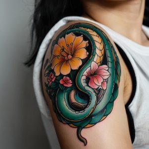 snake and flower thigh tattoo